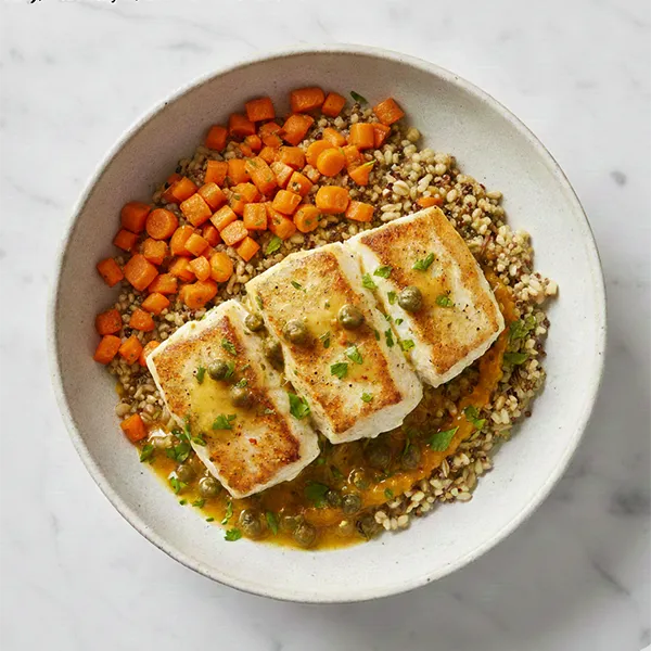 Fish Piccata with Grilled Carrot, Barley Medley & Caper Butter Sauce